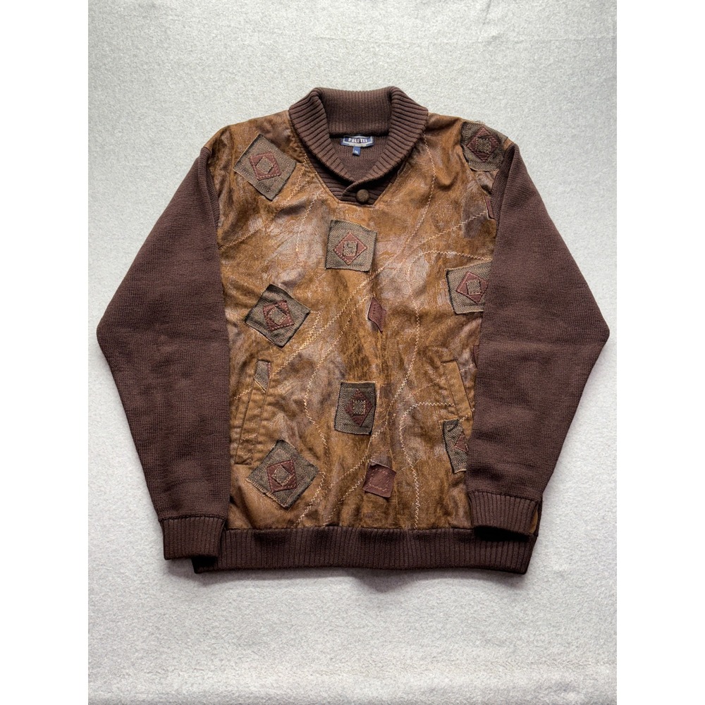 Peletti Lana Collezione Mens 2XL Brown Mixed Media Faux Leather Patch Sweater
